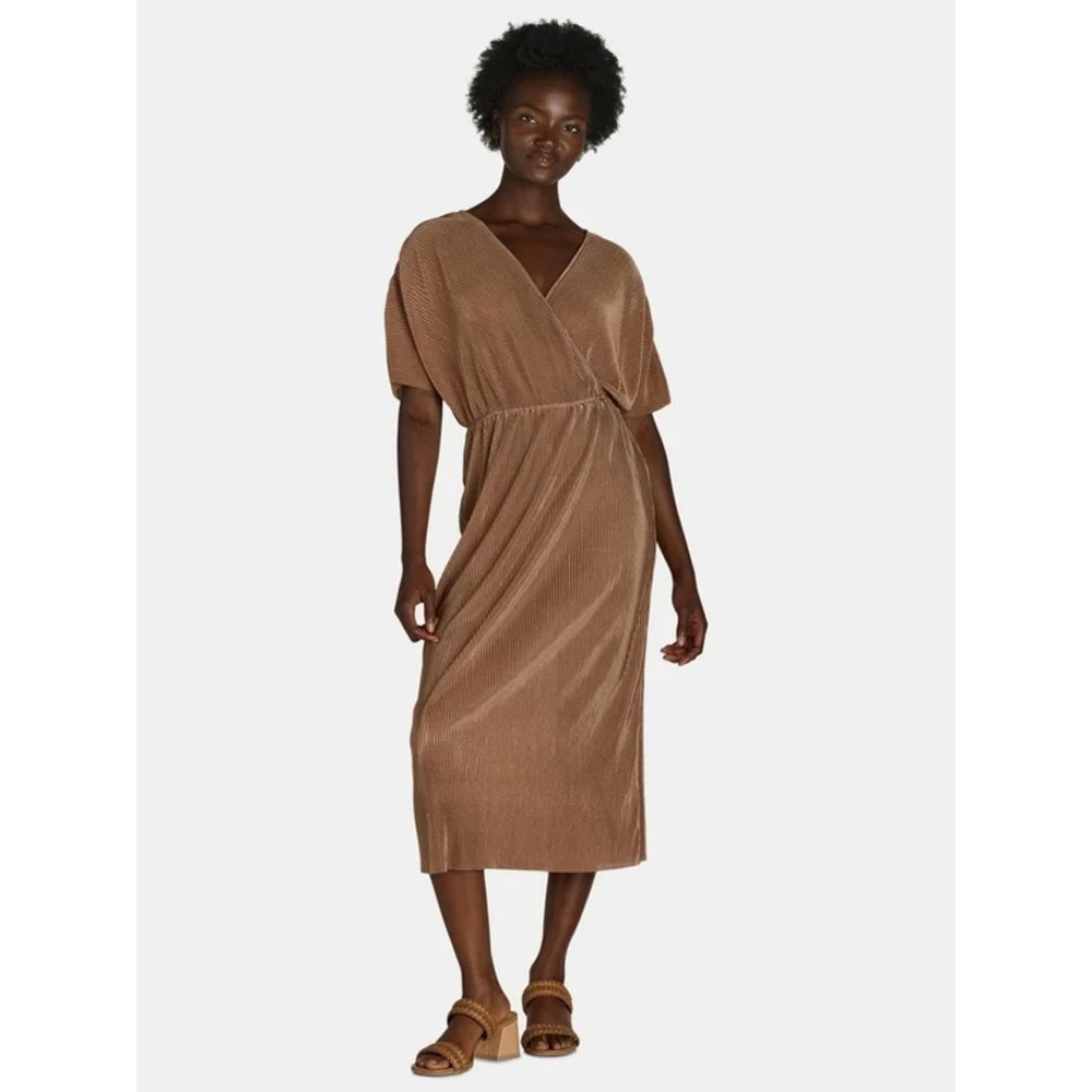 Nine.Eight Women’s Surplice V-Neck Short Sleeve Wrap Plisse Pleat Midi Dress NWT